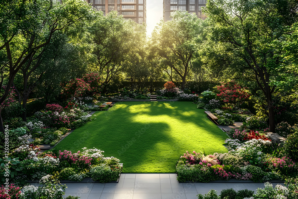Fototapeta premium Sunlit urban garden, tranquil lawn, blooming flowers, high-rises, relaxation