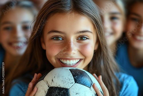 A smiling girl holds a soccer ball, surrounded by friends, showcasing teamwork and joy in sports.