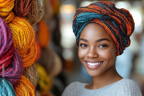 A smiling woman with a colorful headwrap stands near vibrant yarns.