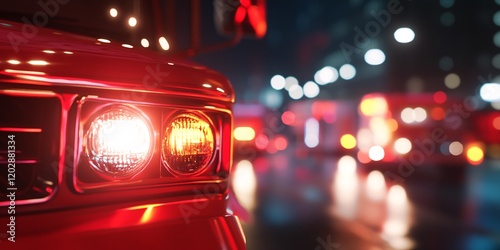 Emergency service car drives quickly along the road of a night city