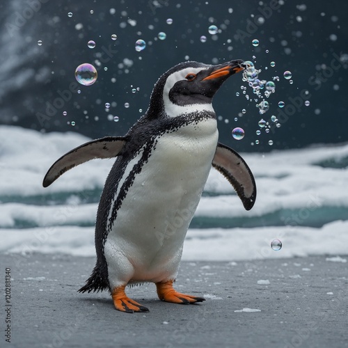 A penguin blowing bubbles that freeze mid-air.
