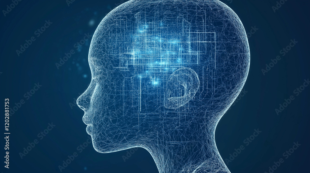 Obraz premium Digital Mind: A mesmerizing digital illustration of a human head, with interconnected lines symbolizing the complex network of thoughts and ideas.