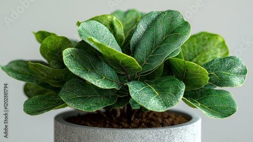 Fiddle leaf fig in grey pot, close-up, simple background, home decor photo