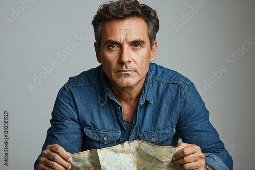 A man in a denim shirt holds a map, looking serious and contemplative.