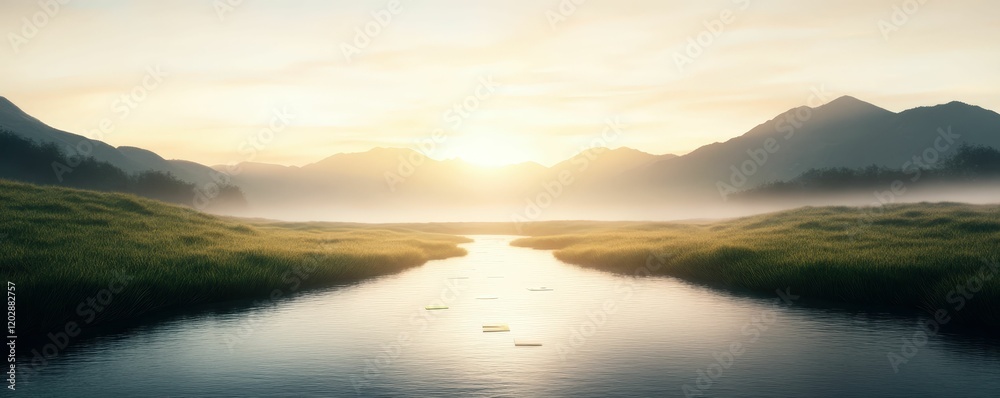 Fototapeta premium Serene river landscape at sunrise nature scene tranquil environment scenic view peaceful concept