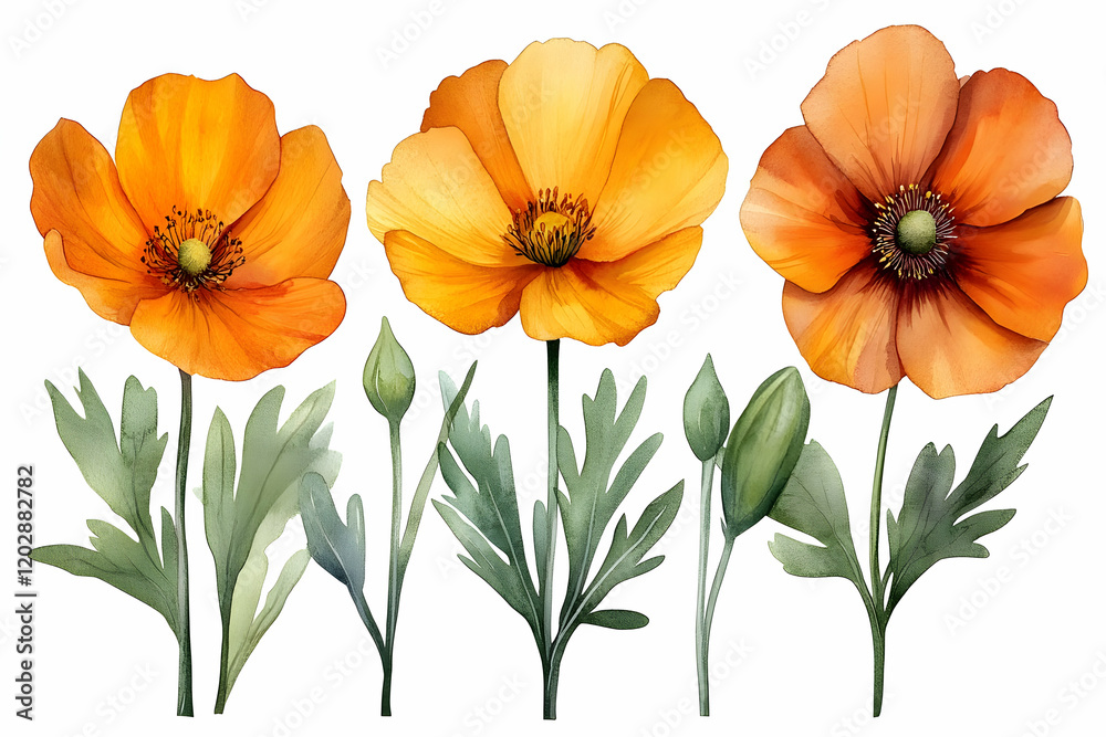 Orange poppies blooming, isolated, floral design, spring Orange poppies blooming, isolated, floral design, spring