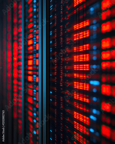 A vibrant display of red and blue lights, resembling digital data streams or server panels, emphasizing technology and connectivity.