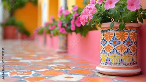Colorful potted flowers on vibrant tiled pathway