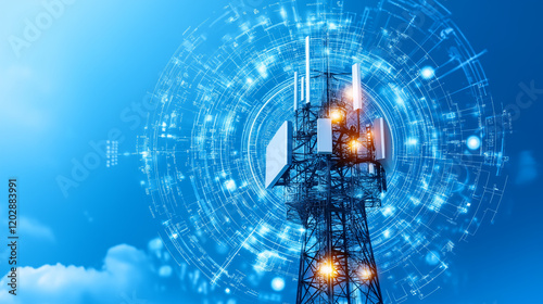 Telecommunications Network: A powerful symbol of modern communication and connectivity, a cell phone tower against a vibrant blue sky with intricate digital network lines swirling around it.