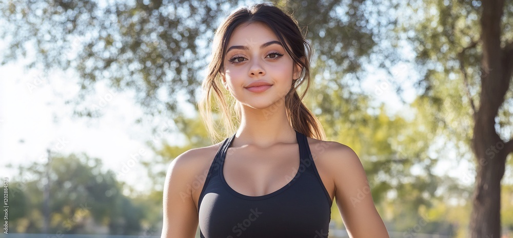 Woman in sportswear poses outdoors, sunny park background. Fitness, health, well-being Woman in sportswear poses outdoors, sunny park background. Fitness, health, well-being