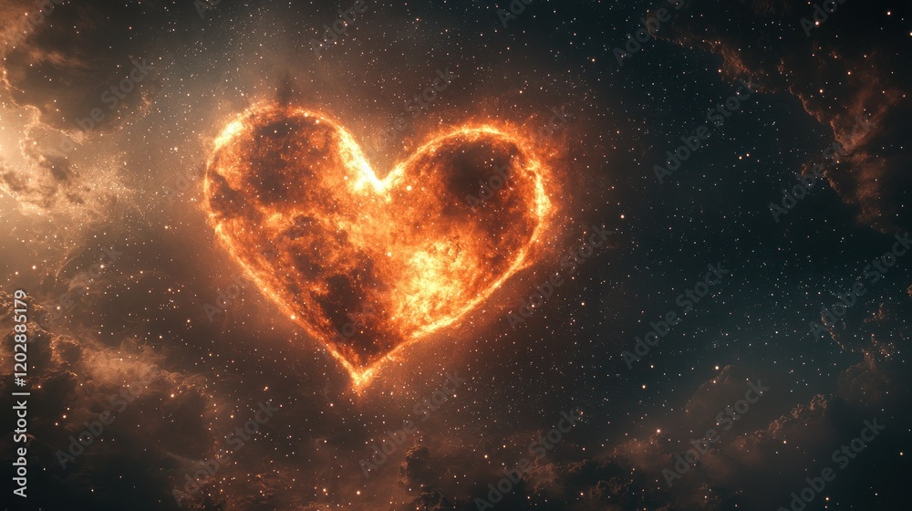 Flaming heart in starry space, clouds background, ideal for romance, passion Flaming heart in starry space, clouds background, ideal for romance, passion