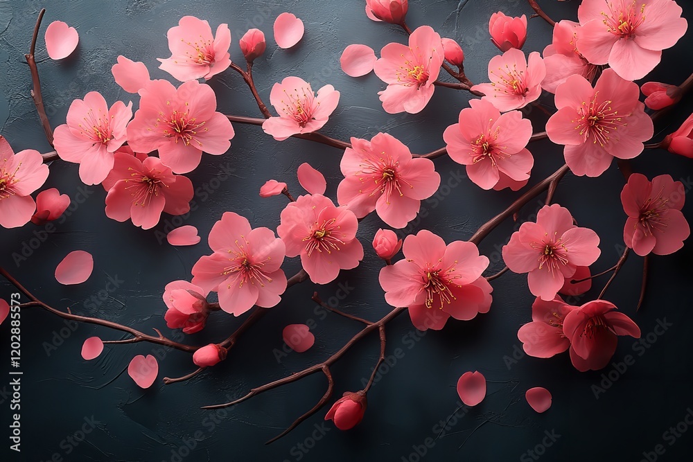 Fototapeta premium Artistic display of pink cherry blossoms in full bloom against a black backdrop in an art gallery