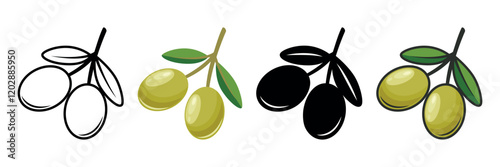 Flat Vector Green and Black Olives Outline Set. Hand-Drawn Olive Tree Berries Clipart. Olive Oil Products, Packaging, Food Design Template