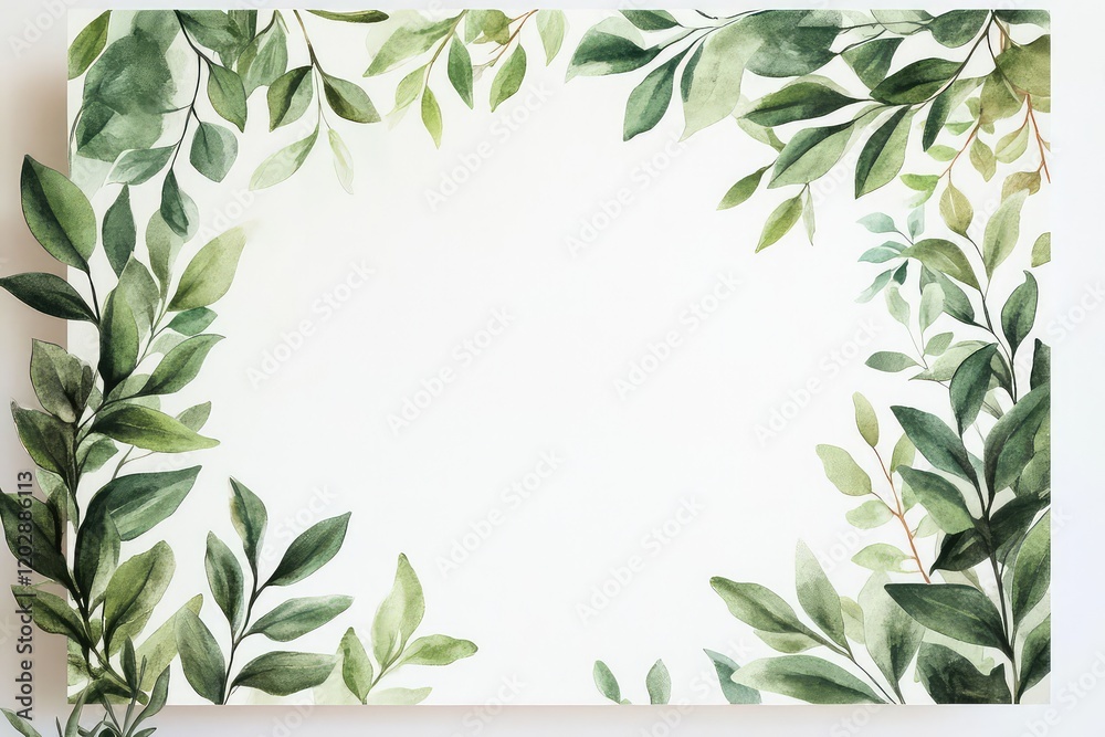 Elegant watercolor card design with flowing green leaves and minimal text layout for modern wedding stationery. Elegant watercolor card design with flowing green leaves and minimal text layout for modern wedding stationery.