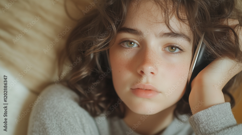 Close-up portrait of a young brunette wearing wireless earphones at home, showcasing modern lifestyle, comfort, and technology in everyday life. Close-up portrait of a young brunette wearing wireless earphones at home, showcasing modern lifestyle, comfort, and technology in everyday life.