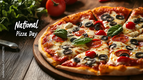 National Pizza Day with delicious pizza served on the table photo