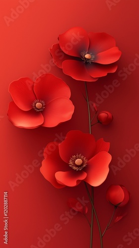 Beautiful Red Paper Flower with Stem and Buds Isolated on a Solid Red Background for Decoration