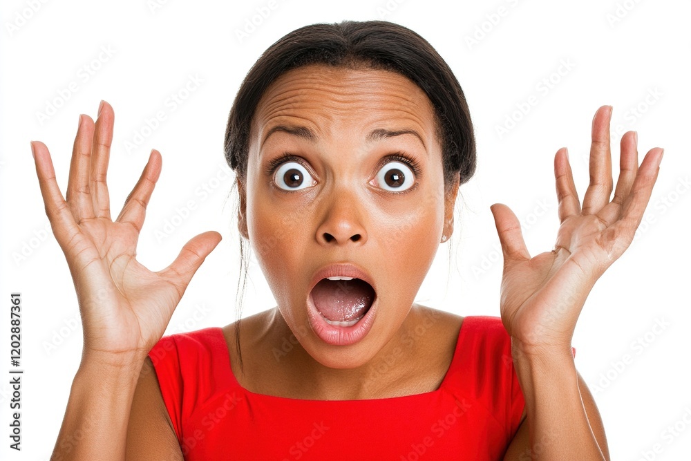 A surprised woman with wide eyes and raised hands, expressing shock or excitement. A surprised woman with wide eyes and raised hands, expressing shock or excitement.
