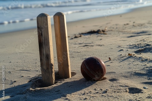 Cricket Bat and Ball Next to Stumps on the Beach, Ready for Play.