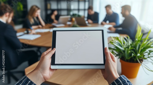 Tablet in hand at a business meeting table. photo