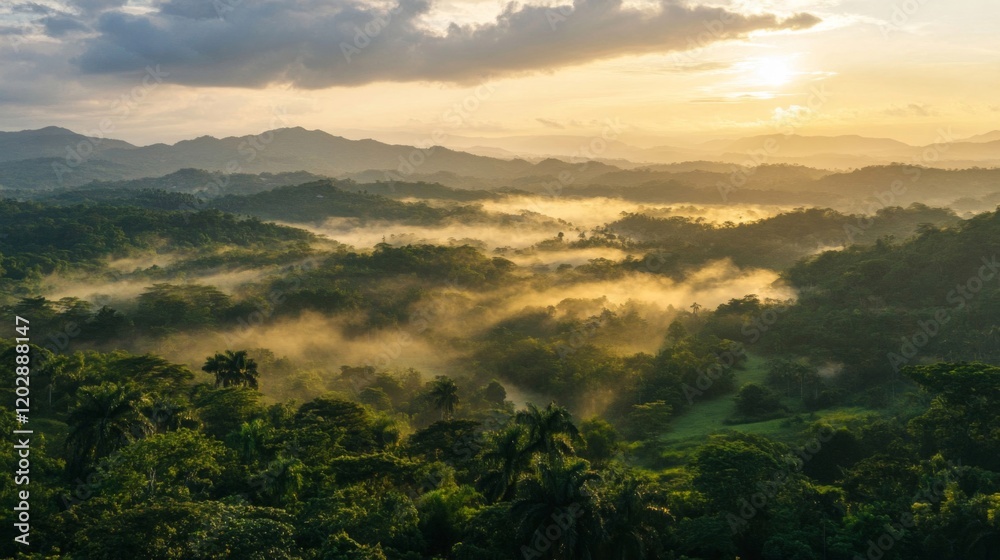 Obraz premium Misty Mountain Sunrise: Golden Light over Lush Green Landscape