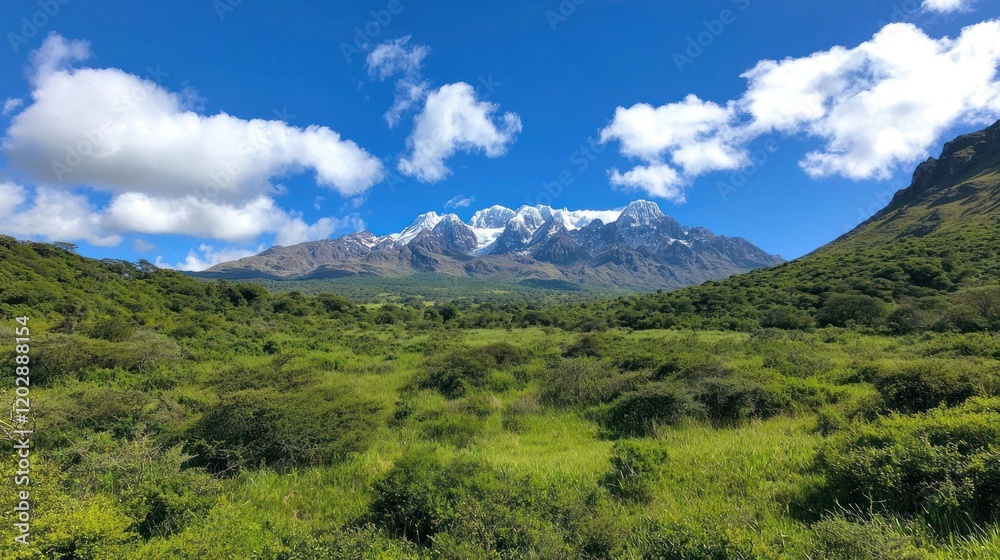 Fototapeta premium Snow-capped Mountain and Lush Greenery