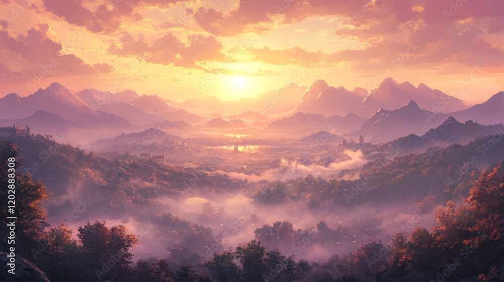 Obraz premium Misty Mountain Valley at Sunrise with Golden Sky