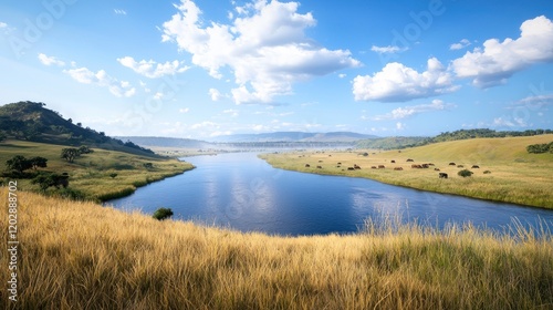 Serene Cattle Grazing by River