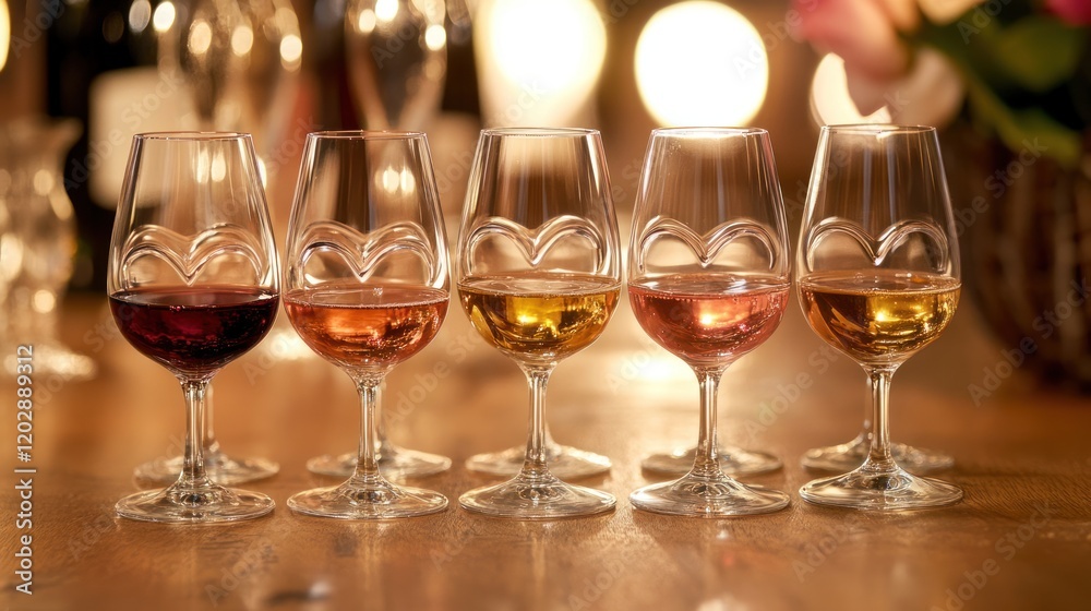 Five elegant stemmed glasses with heart indentations filled with different color wines