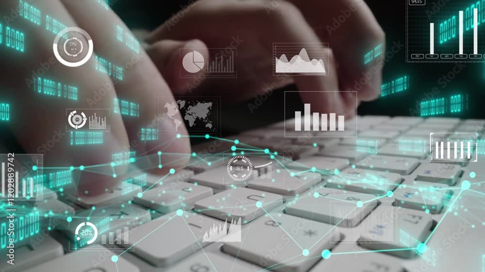 Creative visual of business big data and finance analysis on computer showing concept of statistical investment decision making methodology, fintech and financial engineering .