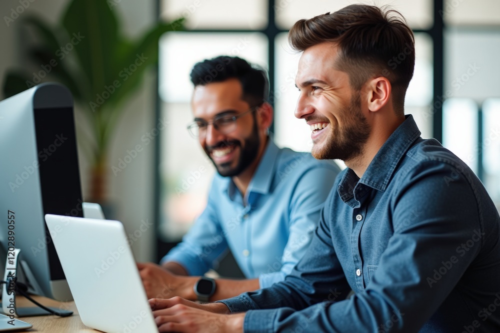 Two Smiling Professionals Collaborating in Modern Office Environment, Working on Laptops with Fresh Plant Background and Bright Natural Lighting Two Smiling Professionals Collaborating in Modern Office Environment, Working on Laptops with Fresh Plant Background and Bright Natural Lighting