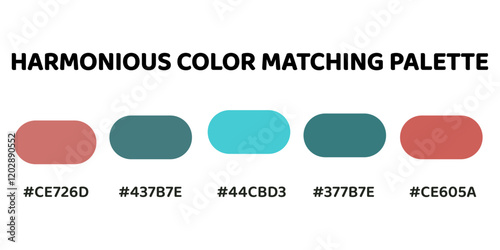 Harmonious color palette with five colors. This palette creates a cohesive and calming look, perfect for aquatic-themed designs. Coral, Teal, Turquoise, Teal, Coral. 19.