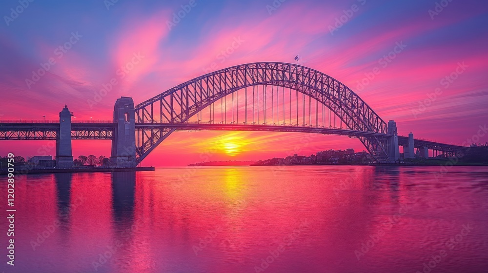 A vibrant sunset over a bridge, reflecting colorful hues on the water below. A vibrant sunset over a bridge, reflecting colorful hues on the water below.