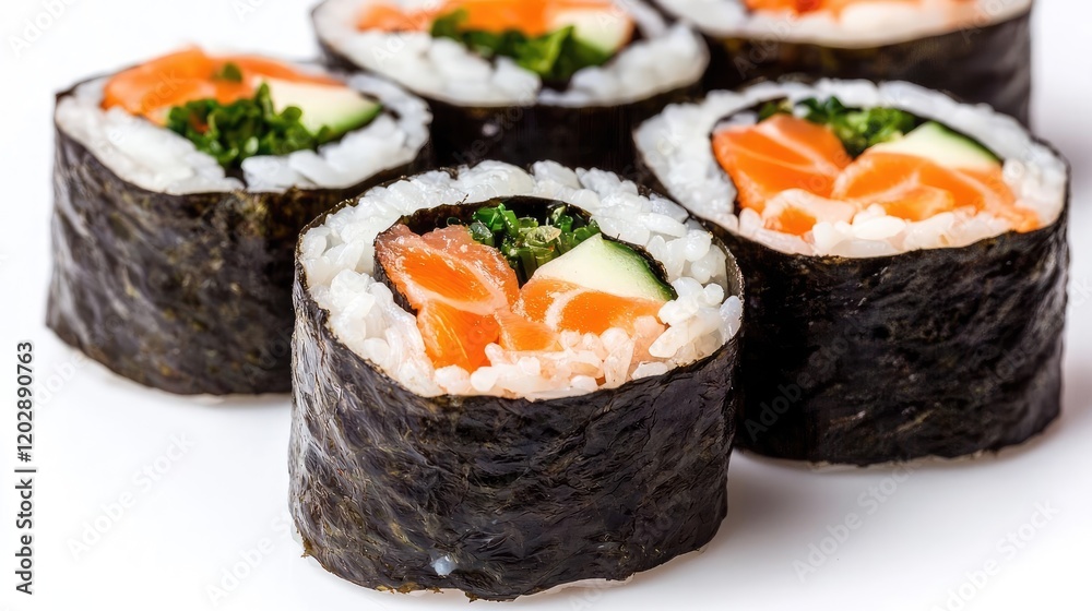 Delicious salmon sushi rolls on white background, ideal for restaurant menus or food blogs Delicious salmon sushi rolls on white background, ideal for restaurant menus or food blogs