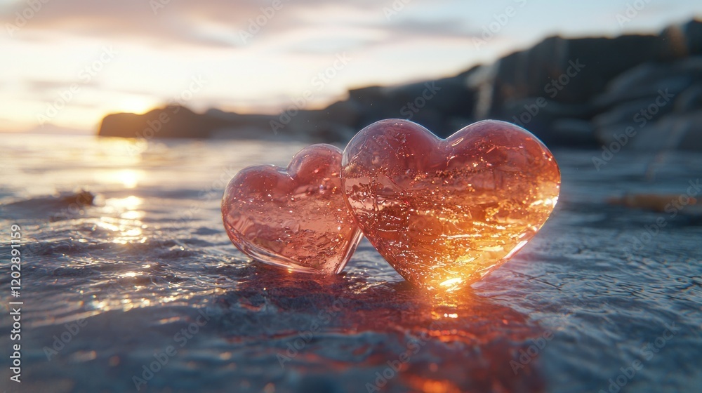 Fototapeta premium Glass hearts on beach at sunset with rocky coast