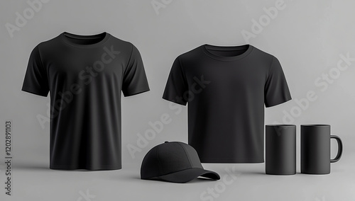 Realistic 3D rendering of black t-shirts, hats and mugs displayed on a neutral gray background, ideal for branding, marketing and e-commerce.