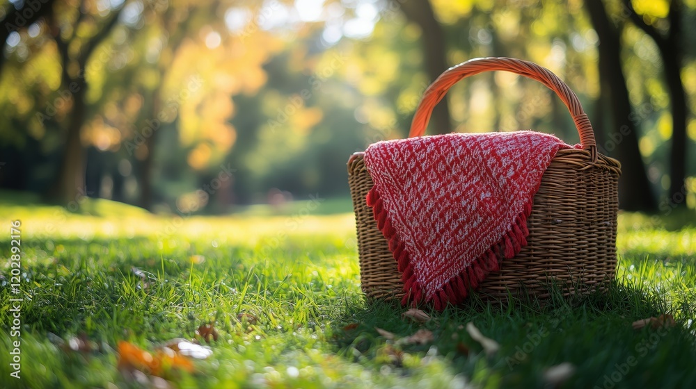Picnic Basket with Red Blanket on Lush Green Grass Picnic Basket with Red Blanket on Lush Green Grass