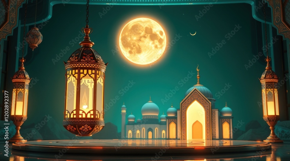 Fototapeta premium Ramadan Kareem A luxurious and vibrant 3D render. Deep teal futuristic aesthetic features an ornate Arabic lantern, a metallic moon, a mosque portal, and subtle space elements.
