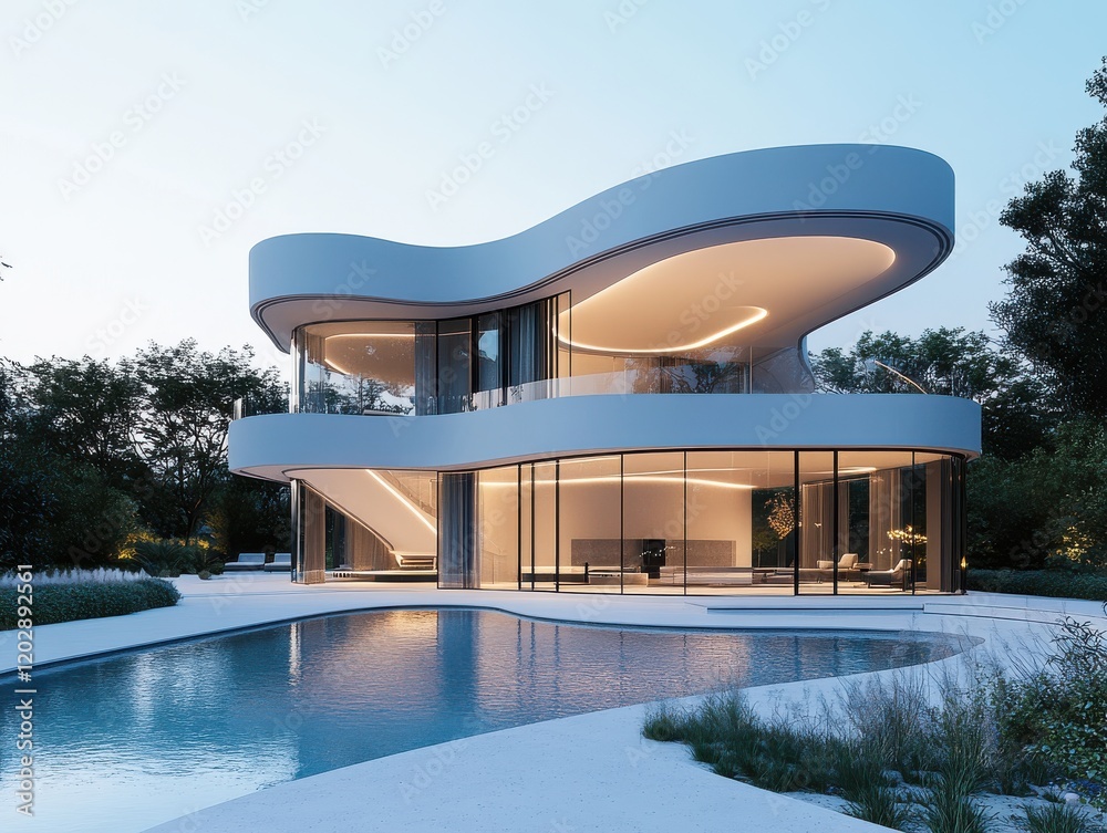 Naklejka premium Modern architectural marvel featuring sweeping curves, expansive glass, and elegantly illuminated interiors by a tranquil pool surrounded by lush greenery at dusk