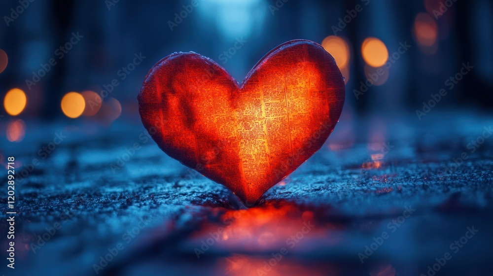 Fototapeta premium Glowing heart on frosty ground, blurred lights in the background, winter night