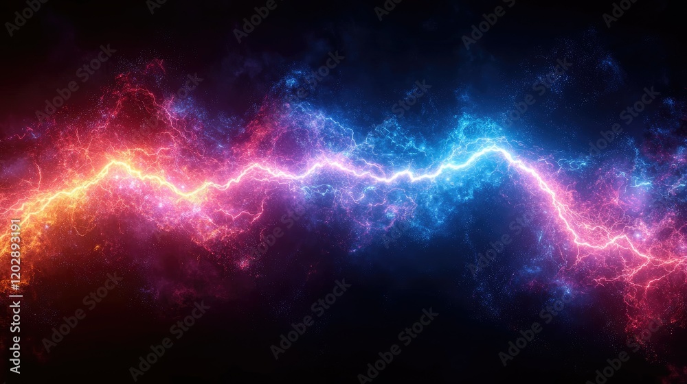 Fototapeta premium A vibrant visualization of electric energy with colorful lightning bolts against a dark background.