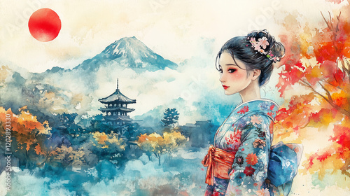 Traditional Japanese Woman in Floral Kimono with Mount Fuji, Pagoda, and Autumn Foliage photo