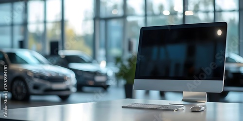  An unoccupied computer monitor sits atop a car showroom interio background  photo