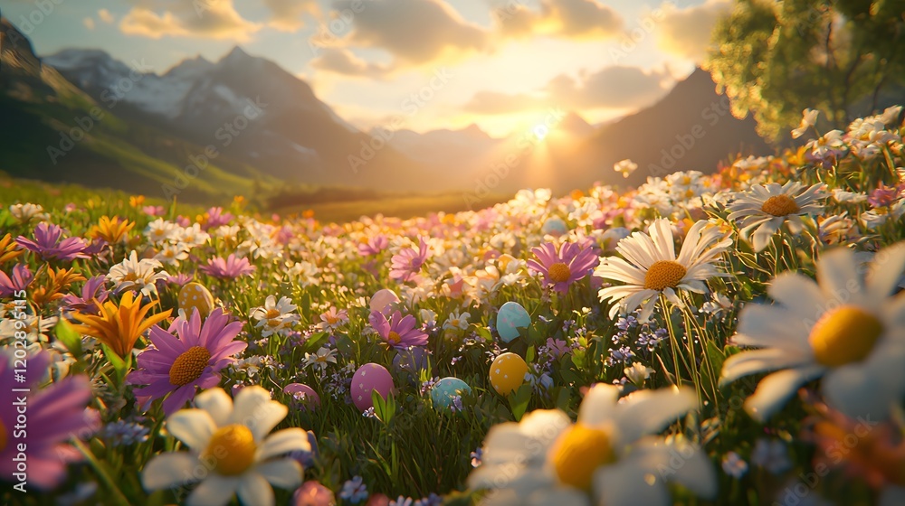 Fototapeta premium Spring Sunrise Over Flowering Meadow Nature Scene Vibrant Landscape