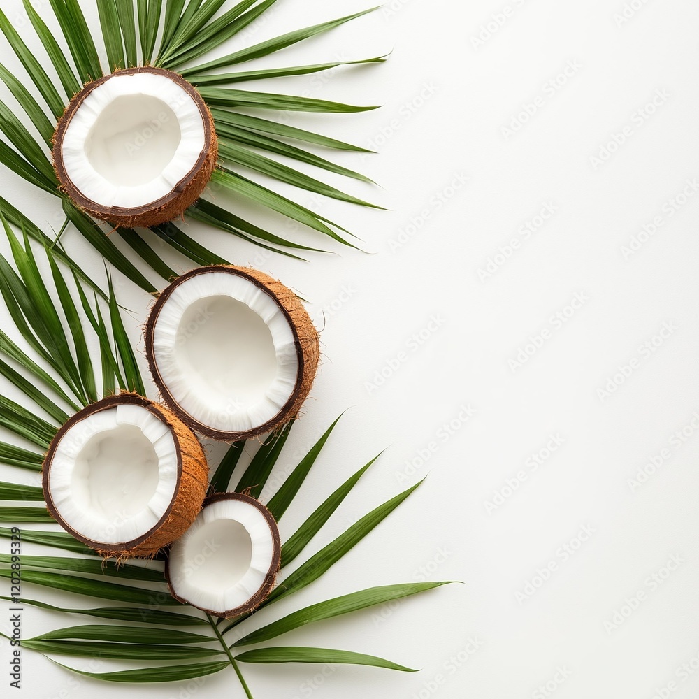 Fresh organic coconuts on white background with green palm leaves Fresh organic coconuts on white background with green palm leaves