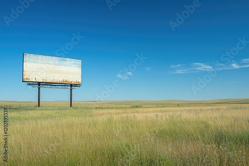 Highway billboard mockup against a clear blue sky, surrounded by open fields. photo