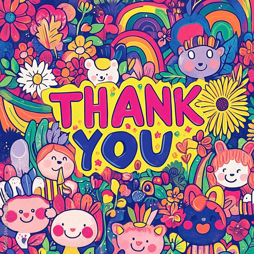 Colorful Thank You Graphic with Whimsical Characters and Floral Elements Colorful Thank You Graphic with Whimsical Characters and Floral Elements