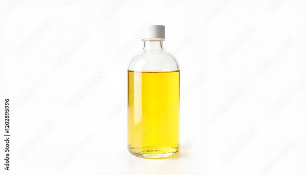 Amber Glass Bottle with White Lid Filled with Golden Liquid on White Background 12 Inches Tall Amber Glass Bottle with White Lid Filled with Golden Liquid on White Background 12 Inches Tall