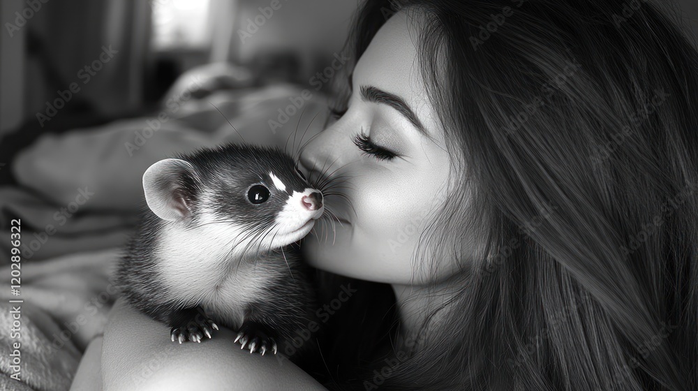 A Woman Affectionately Kissing Her Pet Ferret in a Cozy Indoor Setting A Woman Affectionately Kissing Her Pet Ferret in a Cozy Indoor Setting