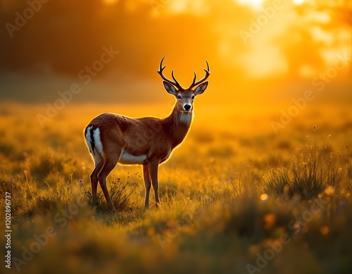 Majestic Deer in Golden Sunset Meadow Landscape photo